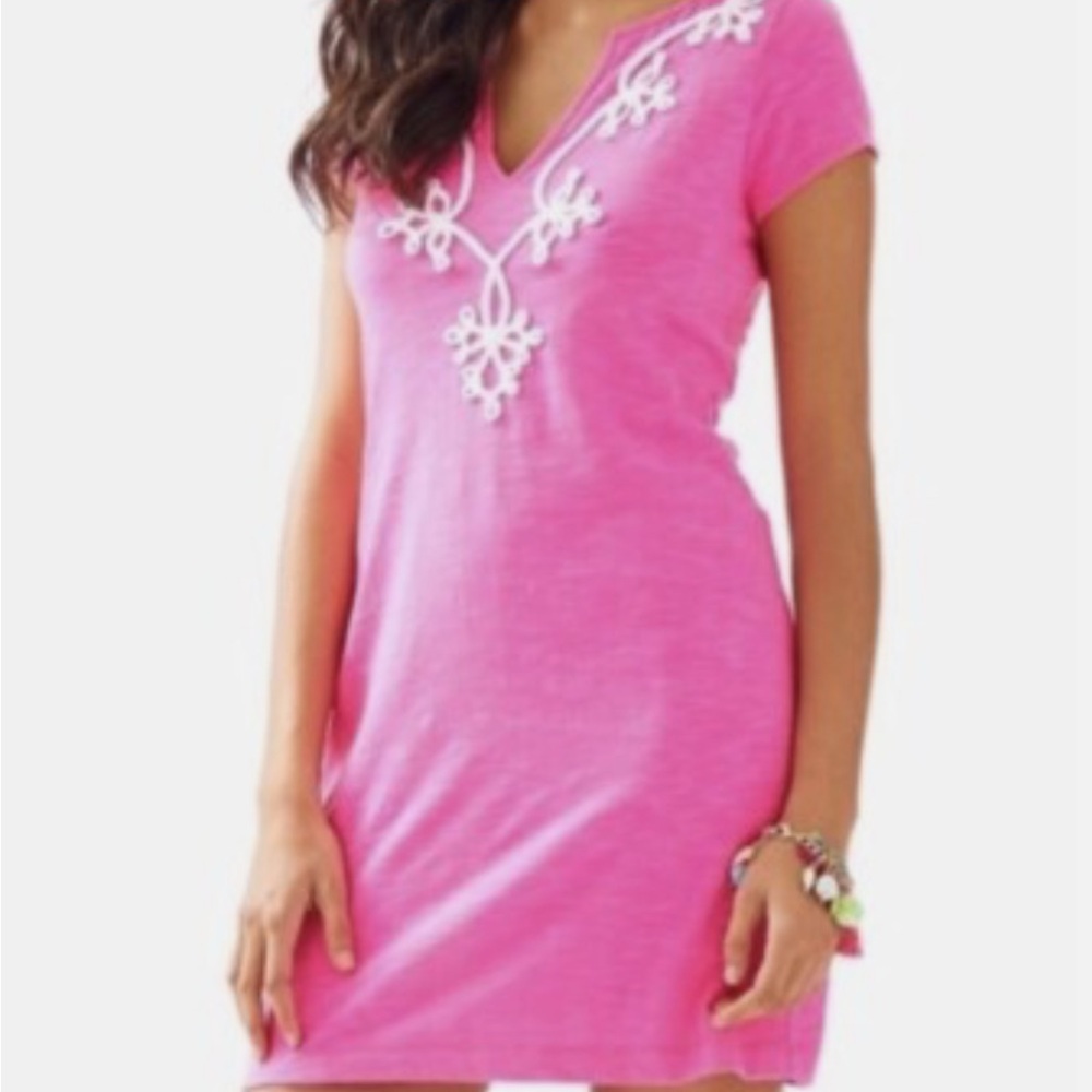 Lilly Pulitzer Hot Pink Brewster T-Shirt Dress with White Embroidery